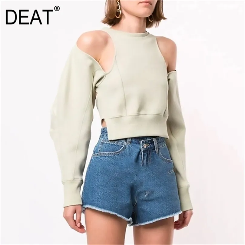 DEAT Spring And Summer Full Sleeves Round Neck Design Styles High Waist Hollow Out Back Short Sweatshirt WM19806L 201208
