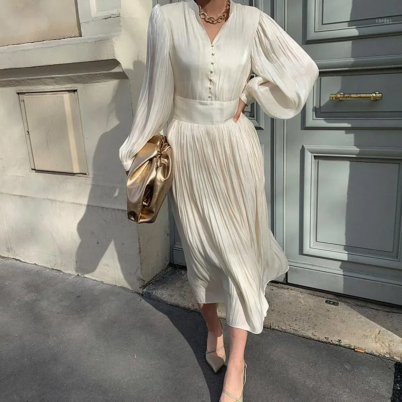 Casual Dresses 2022 Summer Evening Women's Mid-length Dress Pleated Lantern Sleeve Special Occasion Female Spring Korean Party Lady Robe