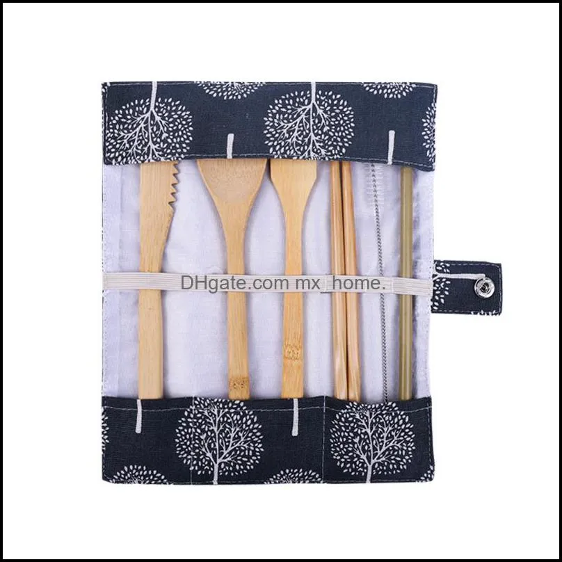 bamboo dinnerware flatware cutlery portable ECO friendly dinnerwares sets with cloth bag straw knife fork spoon chopsticks brush