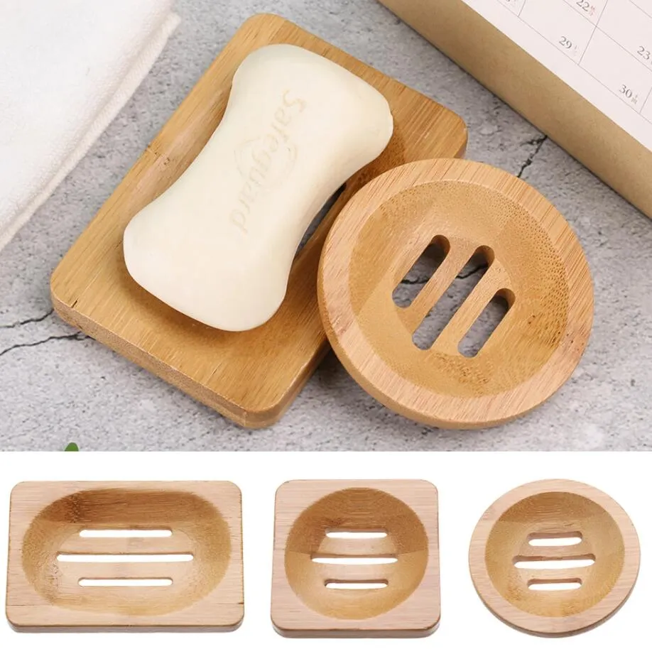 Natural Bamboo Wood Soap Dish Storage Holder Bathroom Round Drain Box Rectangular Square Ecofriendly Wooden Tray Holder C0613G02