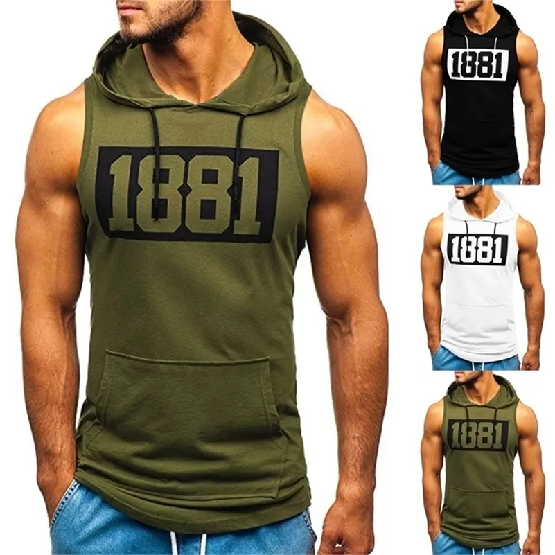 Canotte sportive Uomo Fitness Muscolo Stampa senza maniche con cappuccio Tasca per bodybuilding Camicia estiva aderente per abbigliamento 220624