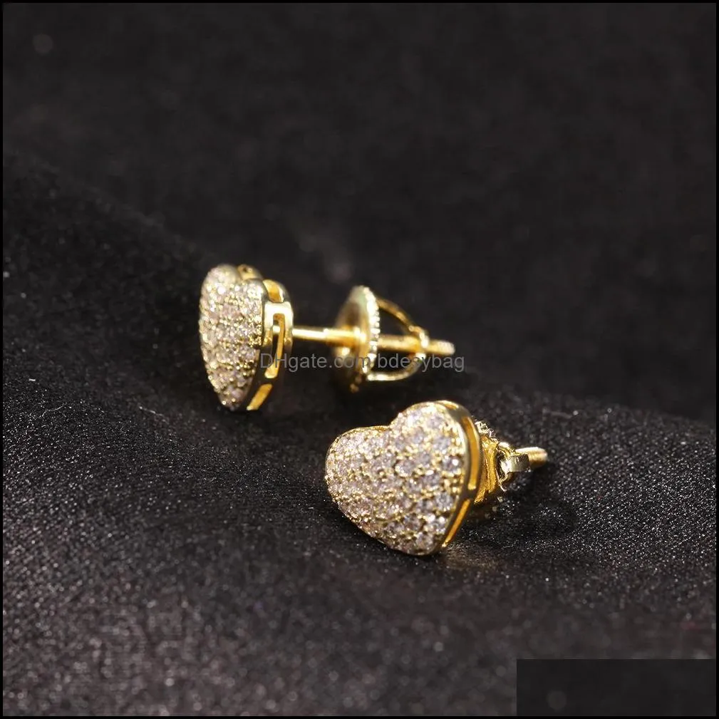 designer men heart earrings hip hop ear stud fashion s925 women earring with diamond male earings studs zircon bling rapper men`s hiphop ear