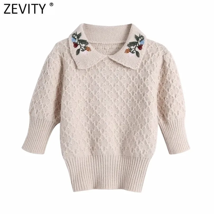 Zevity New Women Vintage Ambroidery Rown Twalr Carual Short Knitting Sweater Ladies Puff Sleeve Chic Pullovers Tops S519 210203