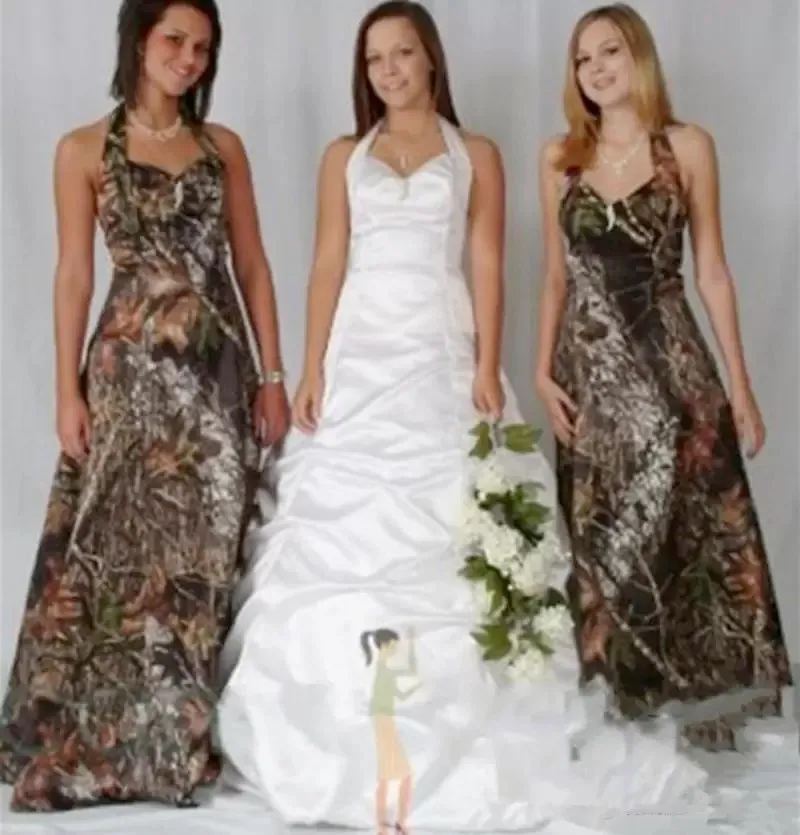 Vintage Realtree Camo Bridesmaid Dresses 2022 Modest Halter Stain Backless Outdoor Beach Country Camo Maid of Honor Wedding Party Dress