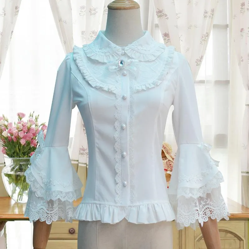 Women's Blouses & Shirts Gothic Women Lolita Cotton Vintage Long Sleeve Ruffle Lace Renaissance Victorian Medieval Woman Blouse TopWomen's