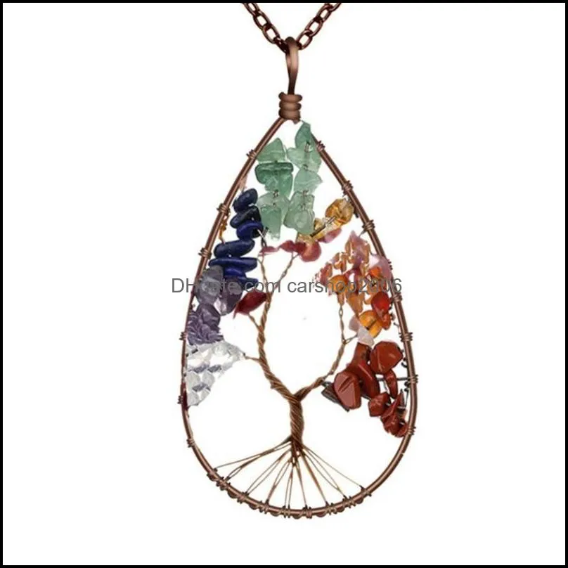 Naszyjniki wisiorek wisiorki biżuteria 6pcs brązowa uzwojenia woda kropla w kształcie kamienia naturalnego długie drzewo życia reiki leczenie dla kobiet prezentowe delikates