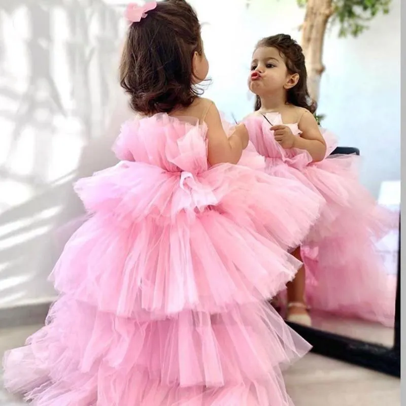 Robes de fille Tulle Flower Girl 2022 Princesse Rose Hi-Lo Party Robes de bal Balayage Train Kid Brithday Dress First Communion SkirtsGirl's
