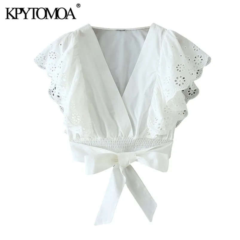 KpyTomoa Mulheres 2020 Moda doce Hollow Out Bordado Blusses Cropped Bloups vintage Bruffled Bow amarrado camisas femininas blusas chiques lj200831