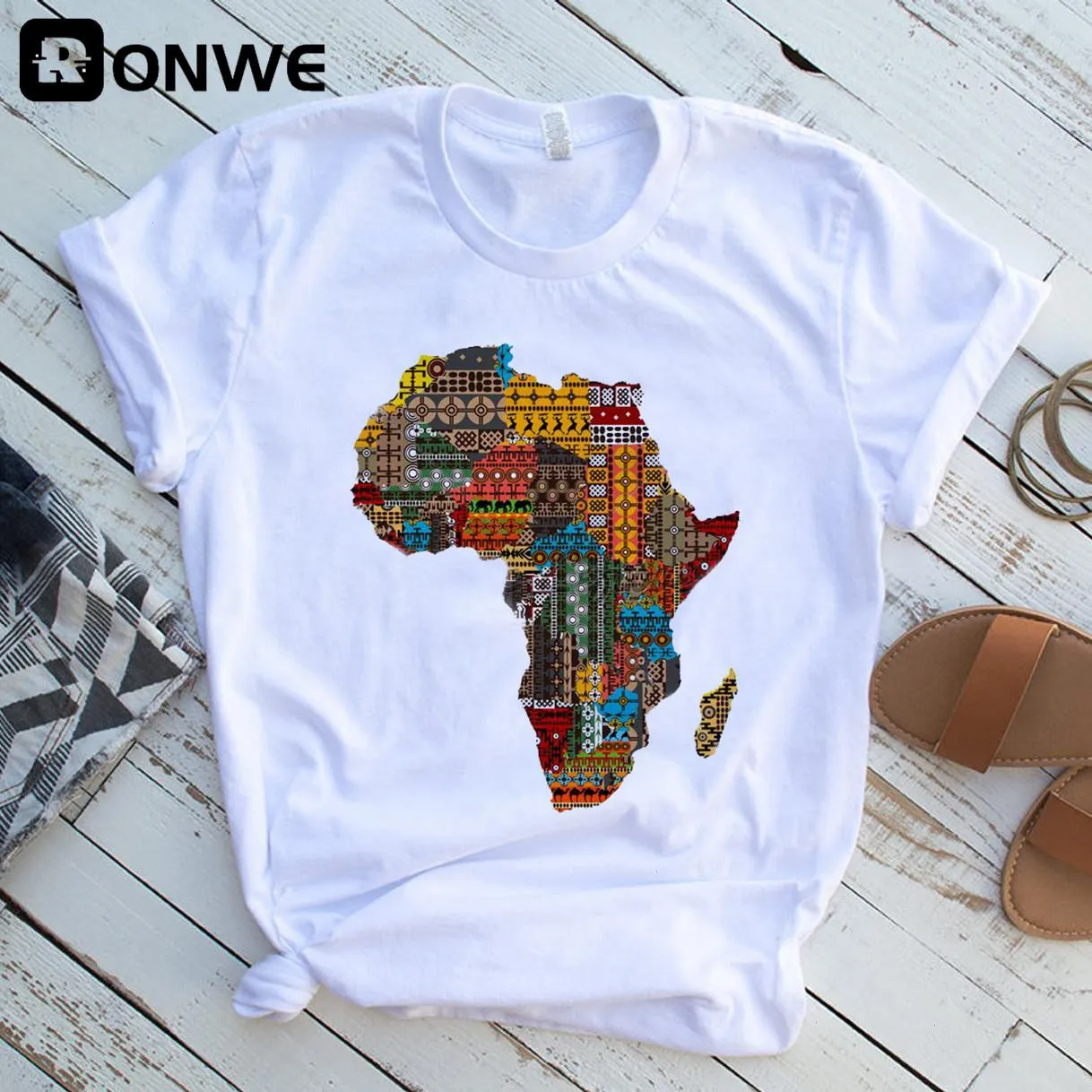 아프리카지도 그래픽 여성 티셔츠 여름하라 주쿠 여성 탑 소녀 흰색 인쇄 옷 스트리트웨어 드롭 배