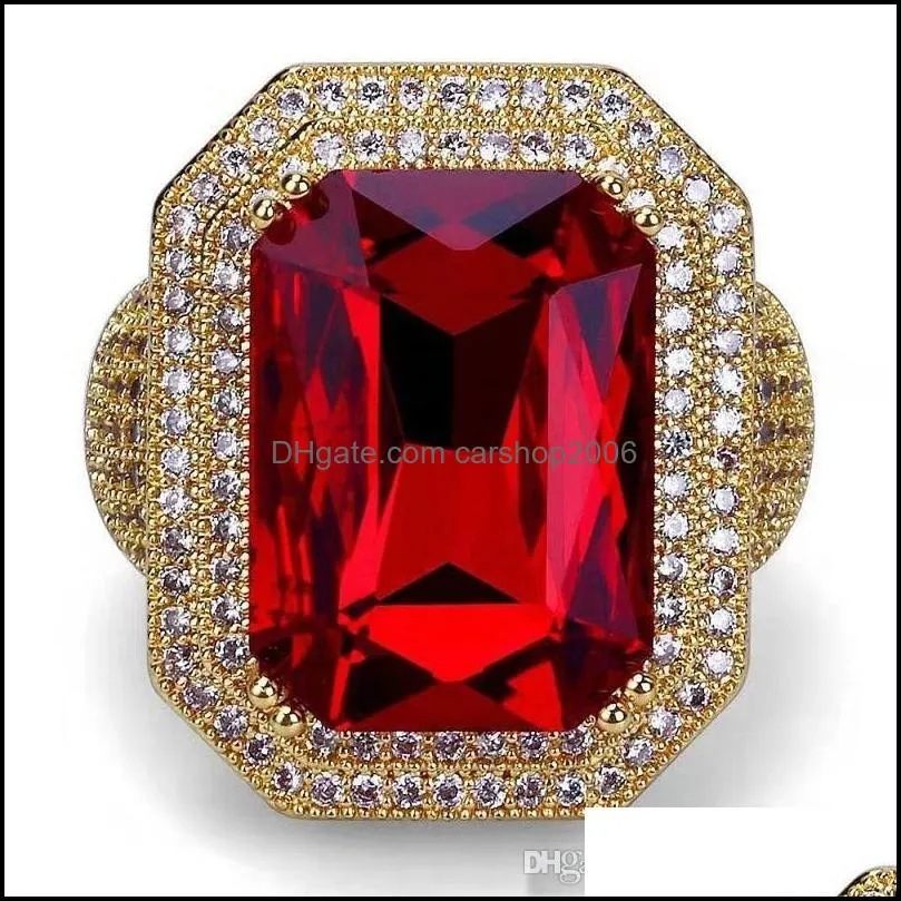 iced out ruby rings for men luxury designer mens bling diamond ring copper zircon 18k gold plated wedding engagement gold gem Ring