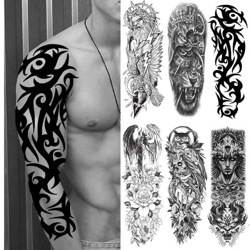 NXY Tillfällig tatuering Tribal Totem Sleeve För Män Kvinnor Vuxen Fake Flower Shoulder Tatoos Sticker Black Skull s Big Full ARM 0330