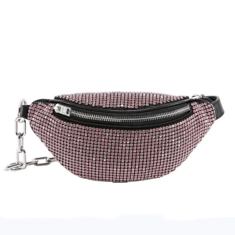 Women Waist Bags Attica Rhinestone Leather Mini Fanny Pack Zip Compartment Designer Lady Adjustable Bike Chain Strap Pillow Bag