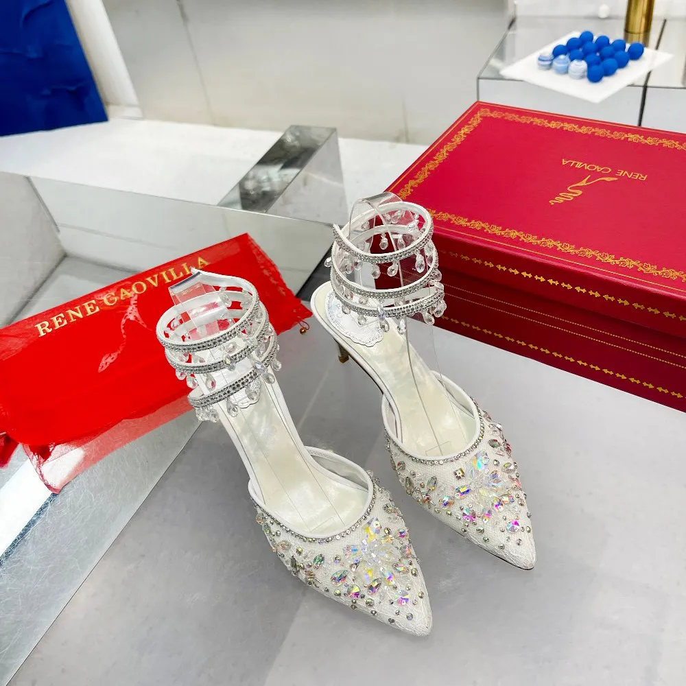 René Caovilla 75mm lace crystal embellished pumps - Red