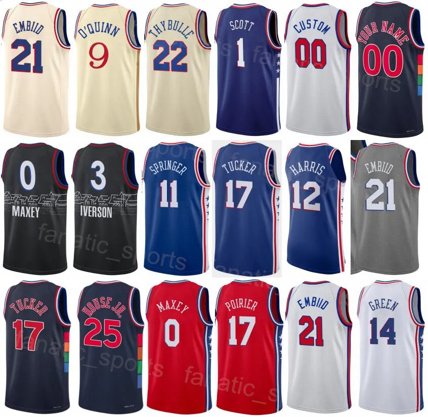 Édition sérigraphiée Basketball City Maillot Joel Embiid 21 Georges Niang 20 Tyrese Maxey 0 Danny Green 14 James Harden 1 Tobias Harris 12 Bleu marine Blanc Rouge Beige