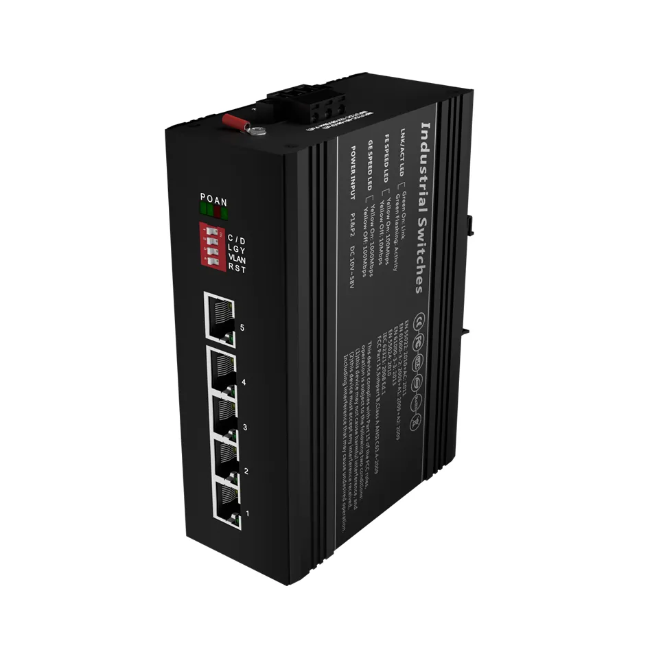 Scodeno Industrial Switch 5 port Gigabit Ethernet L2+ niezarządzany IP40 DIN Rail 120W IEEE 802.3 AF/AT AT Standardowe przełączniki PoE