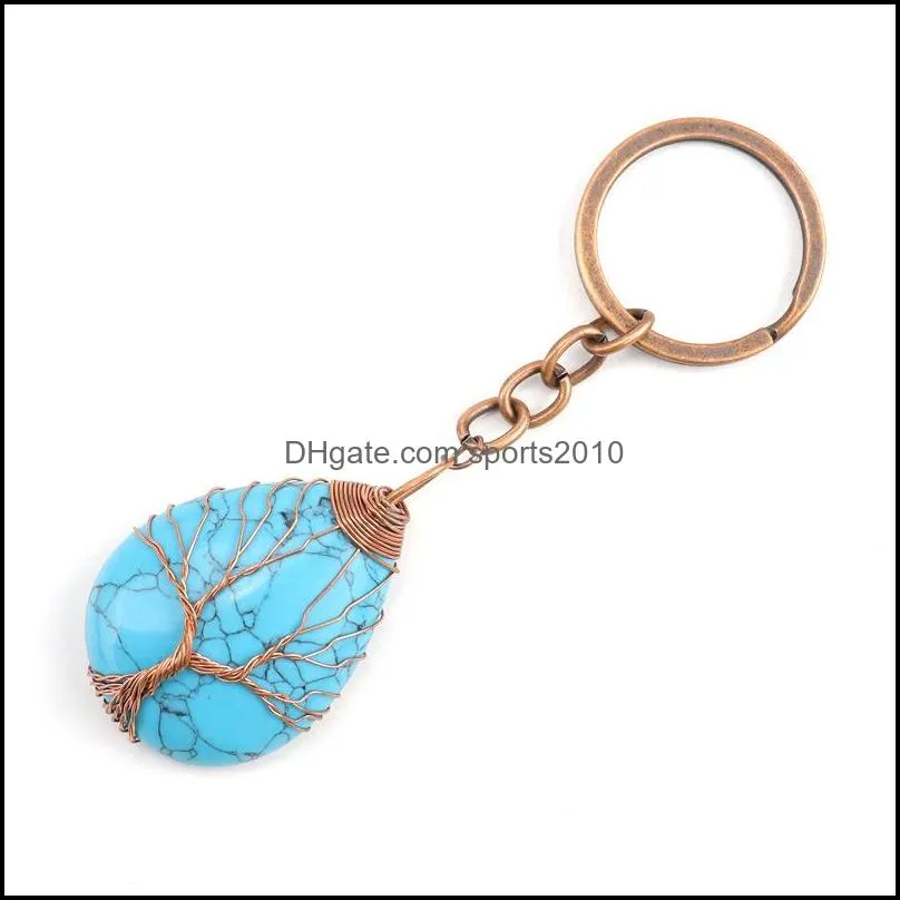 retro handmade tree of life key rings waterdrop natural stone healing crystal quartz keychain keys chain key ring