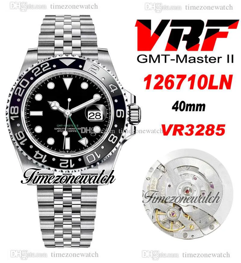 VRF V3 GMT II BLNR VR3285 Automatik-Herrenuhr, schwarze Keramiklünette, grüne Zeiger, 904L-Stahlgehäuse, JubileeSteel-Armband, gleiche Seriennummer, Super Edition, Zeitzonenuhr B2