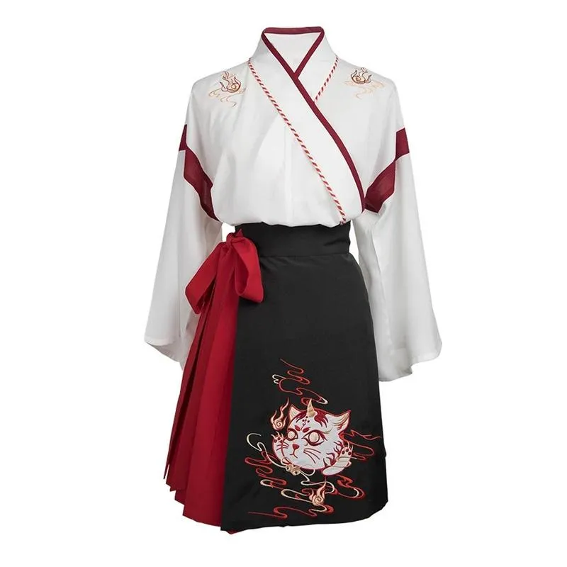 Etniska kläder japanska kimono klänning kvinnor cosplay kostym svart vit broderi kjolar vintage asiatiska 2 stycken set halloween uniforethnic