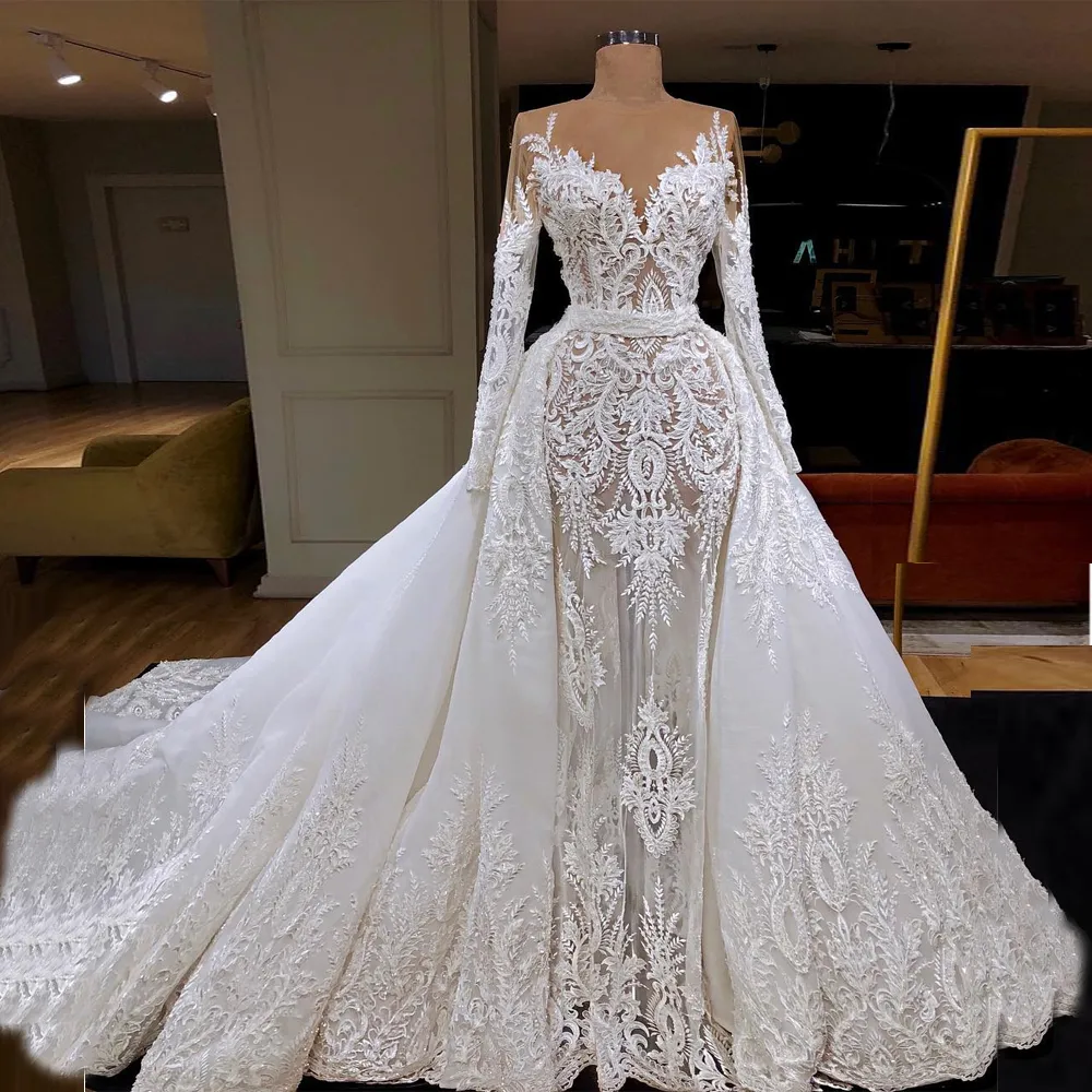 Elegant Mermaid Wedding Dresses Illusion Long Sleeves Bridal Gown Custom Made Lace Appliques With Detachable Train Robes De Mariée