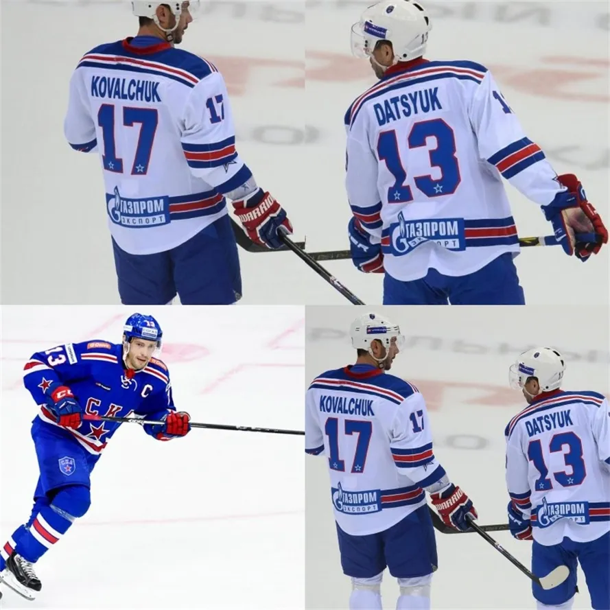 Mit # 13 Pavel Datsyuk KHL Jersey, CKA St Petersburgo 17 Ilya Kovalchuk KHL Hombres Jóvenes 100% bordado cosido Camisetas de hockey sobre hielo Blanco Azul