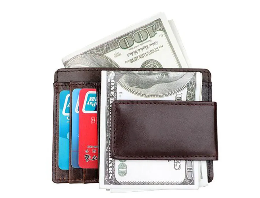 Retro Men's Money Clips Multifunctional Cowhide leather Solid doller Clip ID -card holder small Male Wallet