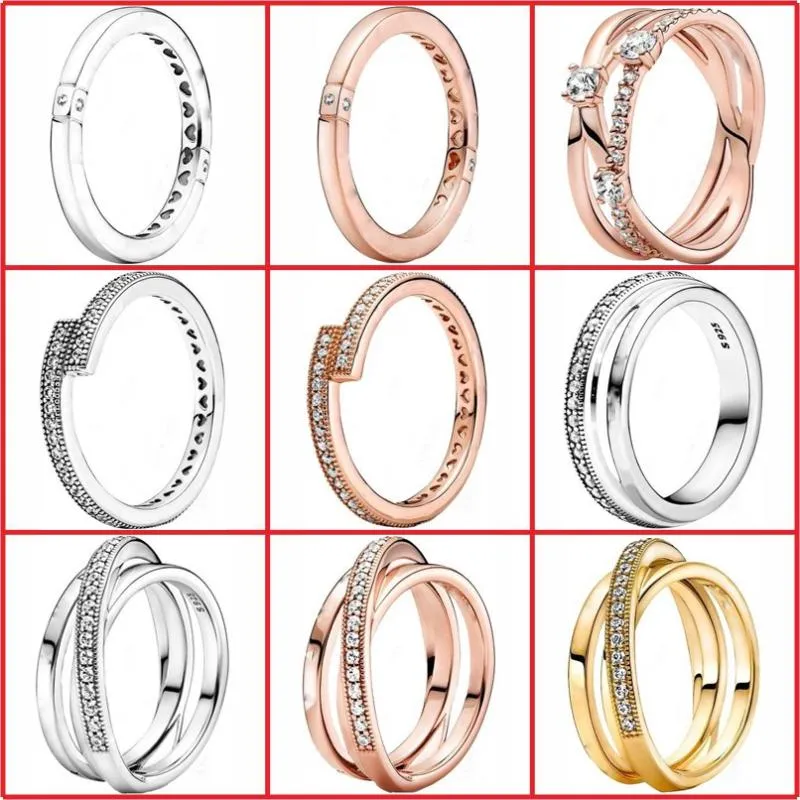 Pierścienie klastra luksus lśniący s925 srebrne serce niewłaściwe koło trójkolorowy dwukolorowy multi-ring dwustronny pandor biżuterię biżuterii