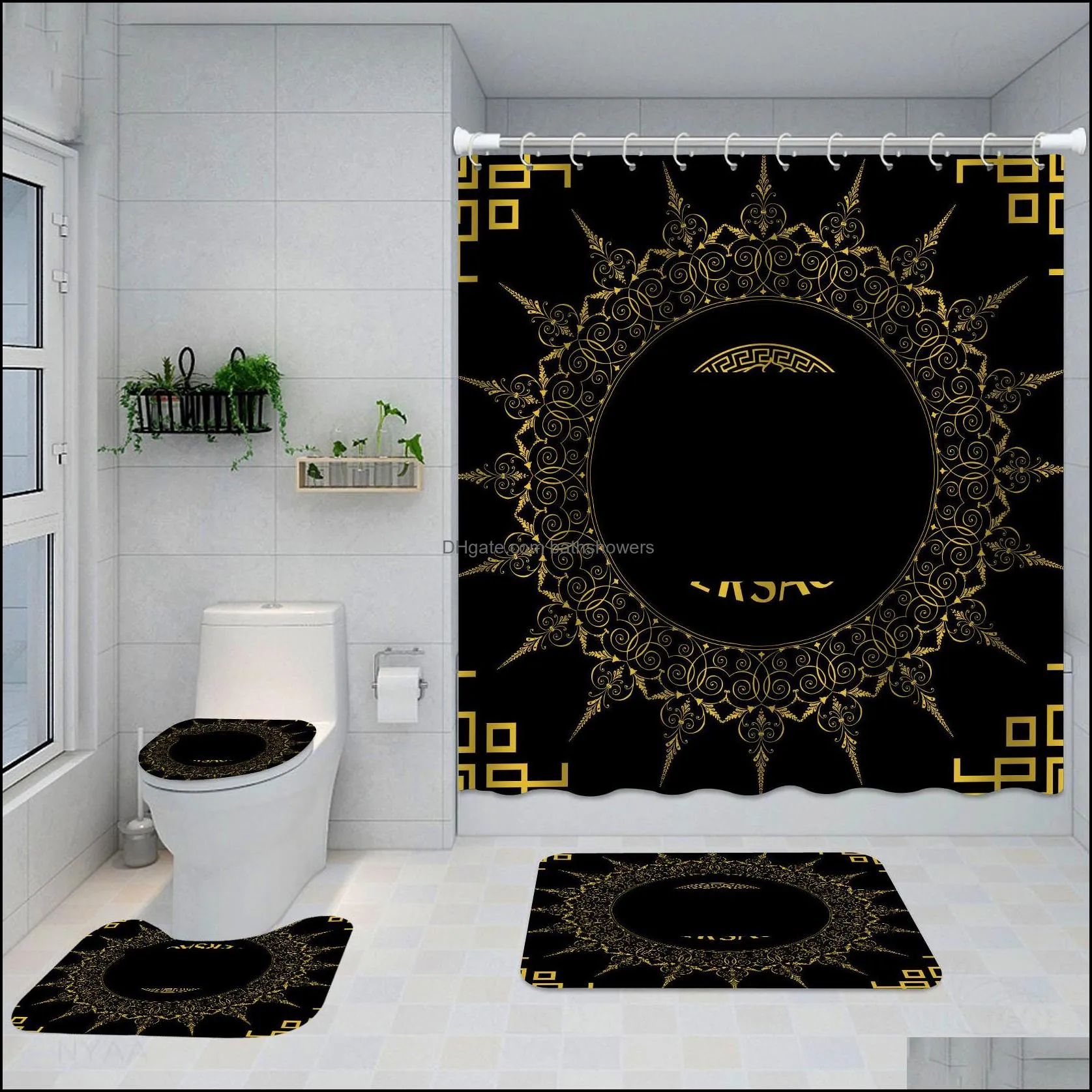 chic floral printed shower curtains full letters designer bathroom mats 4 piece set non slip toilet bath rugs