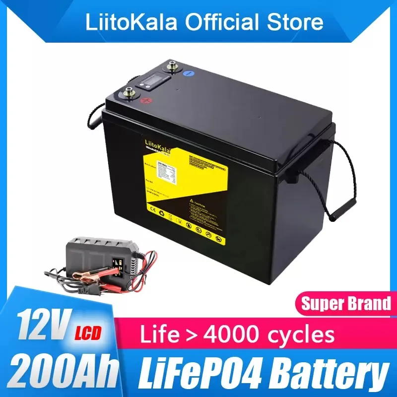 LiitoKala 12V 200Ah LiFePO4 akumulator 150A BMS baterie litowe 4000 cykli dla 12.8V RV Campers wózek golfowy Off-Road Off-grid wiatr słoneczny 14.6V20A ładowarka