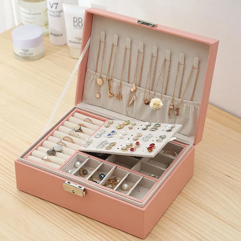 Jewelry Box for Women Girls Large Capacity Double Layer Jewelry Storage Case Earrings Bracelets Rings Necklaces Watches Display Boxes with Removable Tray