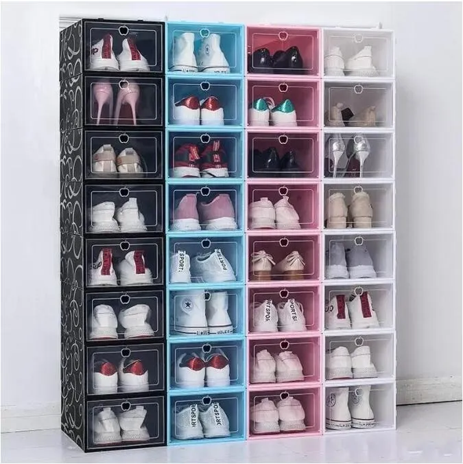 Tjockta plastskoboxar Klar dammskyddad skoförvaringslåda Transparent Flip Candy Färg Staplable Shoes Organizer Boxes Partihandel 0269Pack