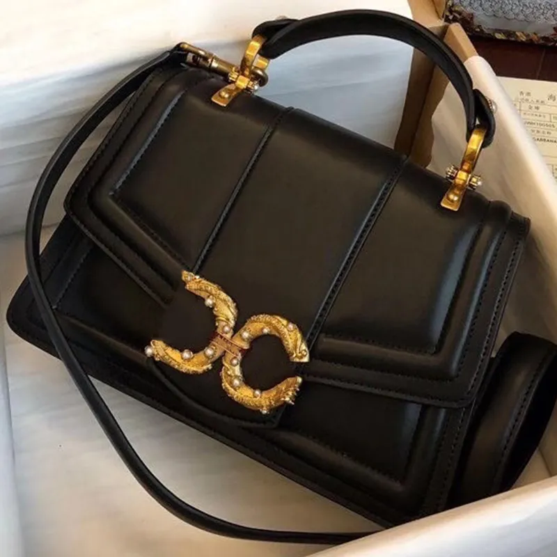 Vintage Design Shoulder Bags Luxury Brass Metal Pearl Embellishment Leather Handbags Women New