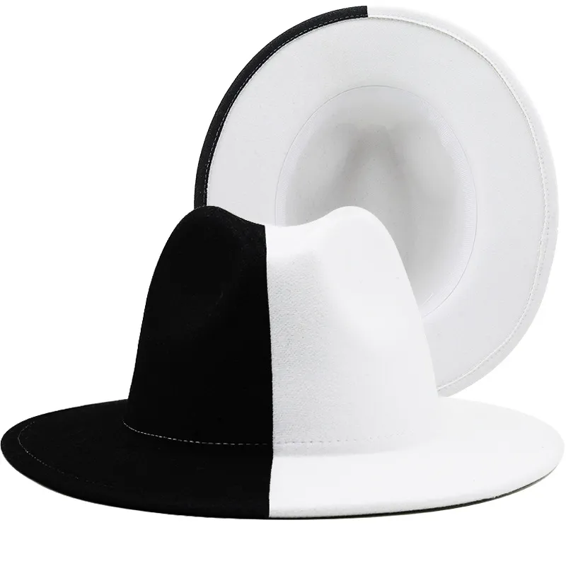 Czarny Krem Patchwork Jazz Fedora Hat Mężczyźni Kobiety Eleganckie Kościół Suknie Filc Kapelusze Duże Brim Party Wedding Cap Sombreros de Mujer