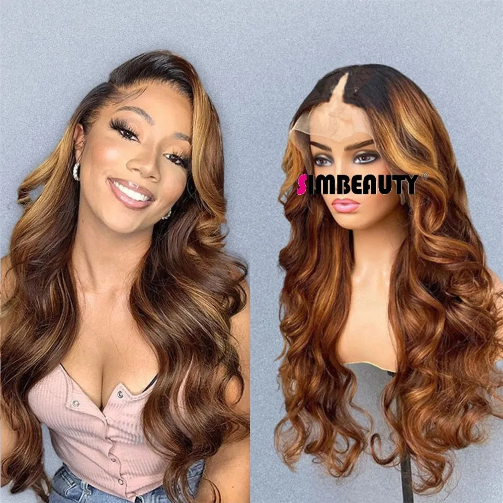 Highlights Strawberry Golden Brown V Part Body Wave Human Hair Wigs Honey Blonde Upart Wig Brazilian Unprocessed U shape None Lace Wig For Black Women