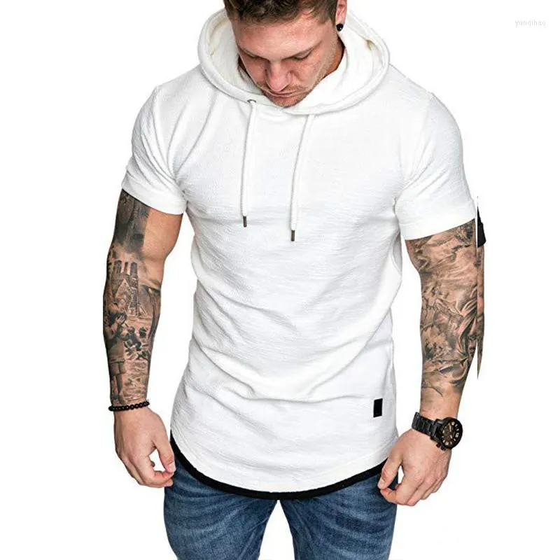 Heren Hoodies Sweatshirts Zomer Stijlvolle heren Casual hoodie Veter omhoog Wit shirt Haped Kap Korte Mouw Slanke tops Sportkleding Plus maat