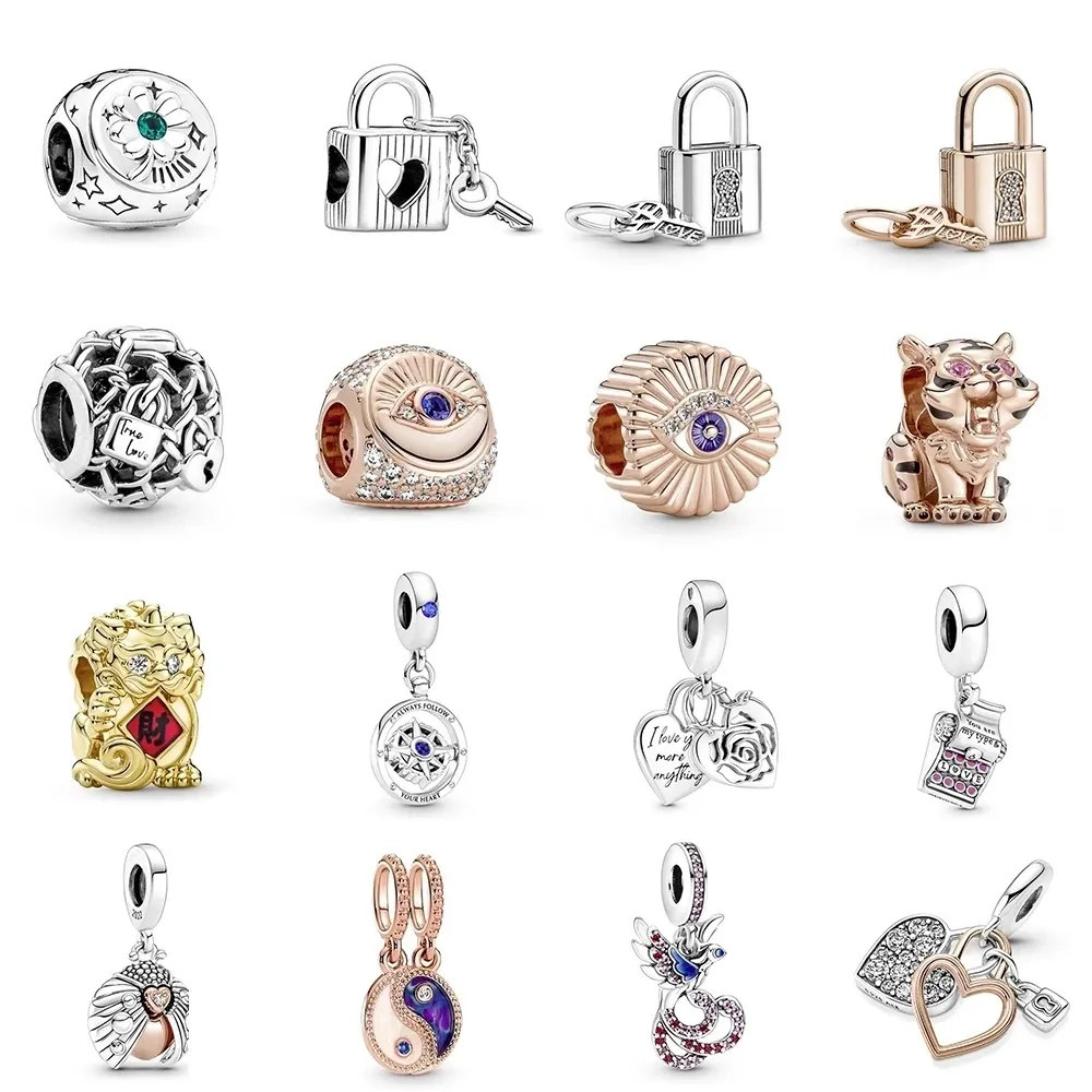 2022 New Valentine's Day Collection Charm 925 Sterling Silver Heart Padlock Double Dangle Pendant Clover Horseshoe & Ladybird Three-sided Charms 781062C01 790099C01