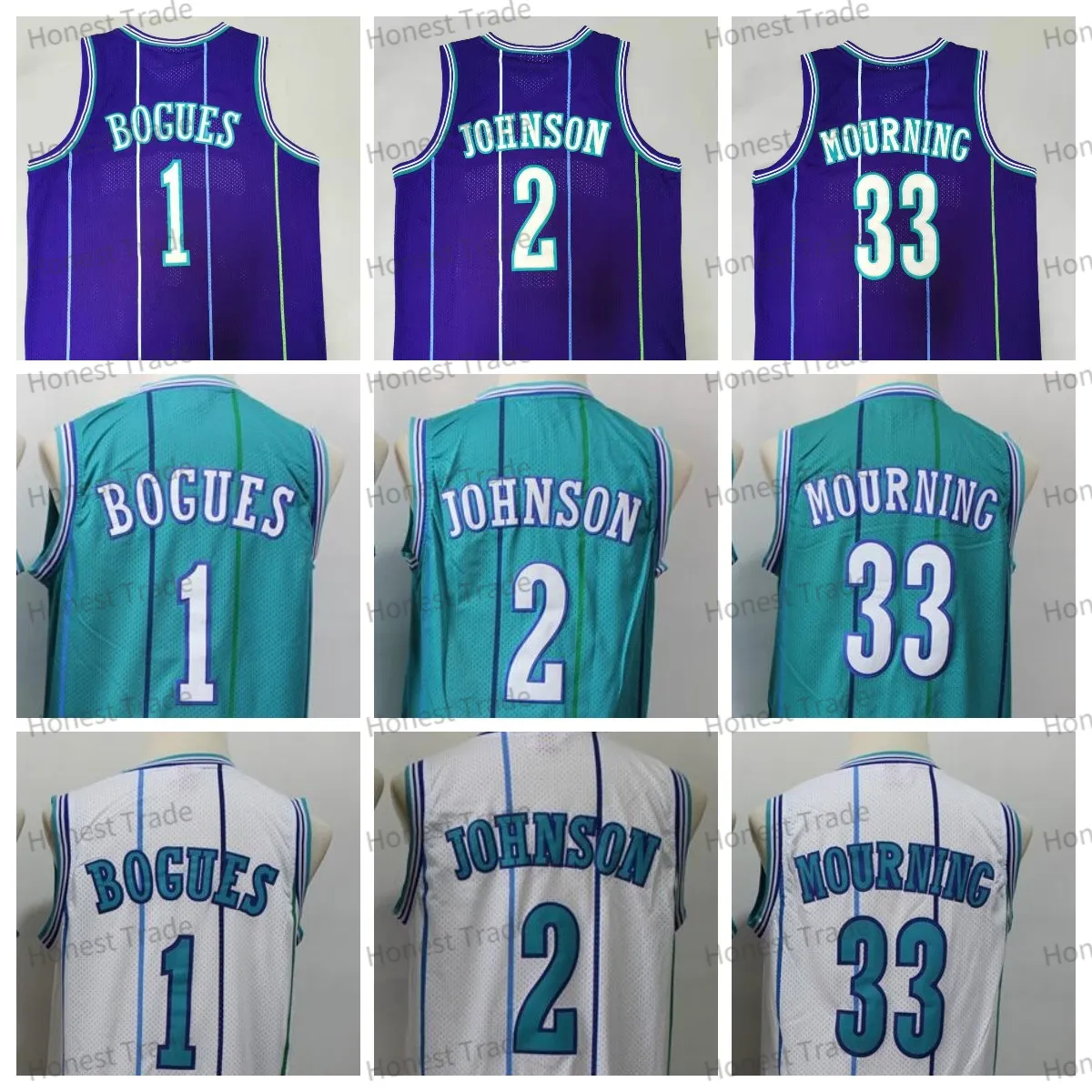 Retro Men Basketball Man Tyrone 1 Muggsy Bogues Vintage Jerseys 33 Mourning Glen 41 Rice Larry 2 Johnson Dell 30 Alonzo Green Purple Stitched Basketball Jersey