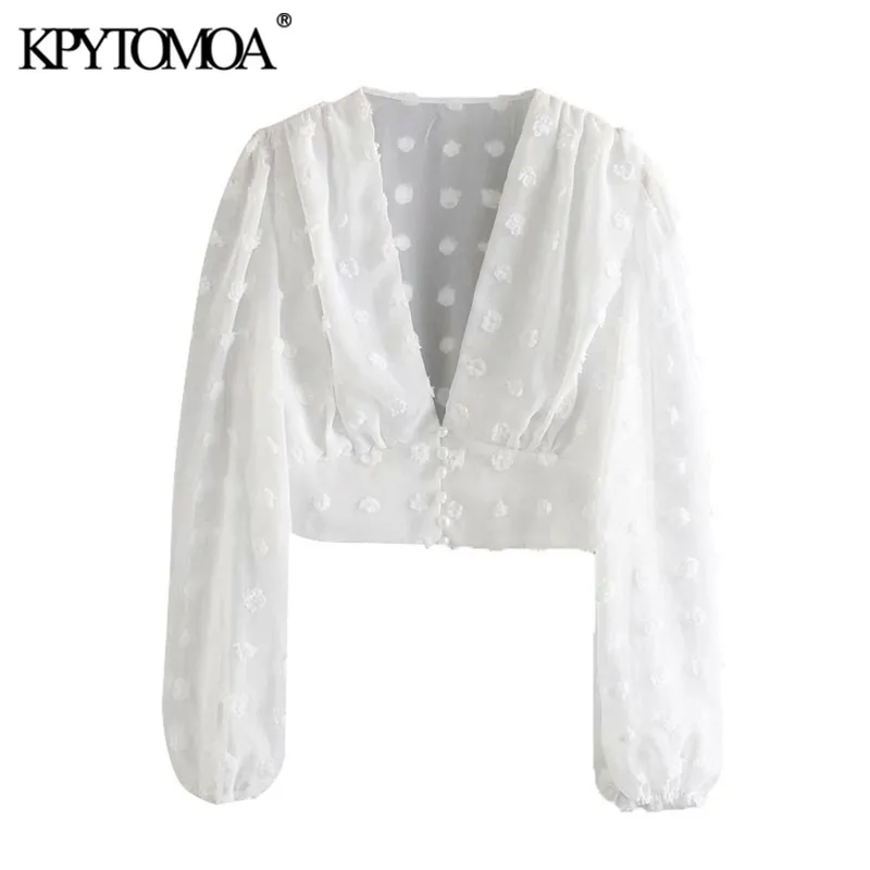 Kpytomoa Женская мода виды сквозь точечные шифоновые укороченные блузки винтажные глубокие v шея в рукаве