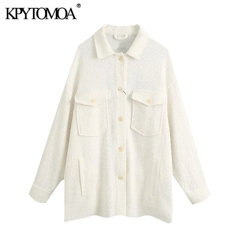 Kpytomoa Women Fashion с карманами негабаритная твидовая куртка Vintage с длинным рукавом Женская верхняя одежда шикарные топы 201023