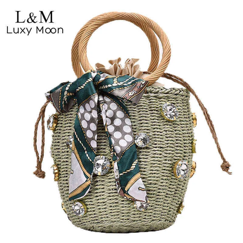 Sacs de soirée femmes été tissé sac seau pour femme sacs de plage diamant sac à main avec écharpe cordon de luxe dames sac de soirée Xa809h 220318