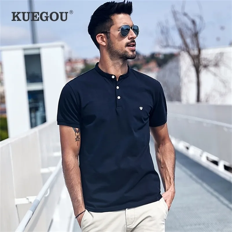 Kuegou roupas masculinas polo camisas de manga curta moda bordado para homens verão de alta qualidade slim top plus size 3383 220707