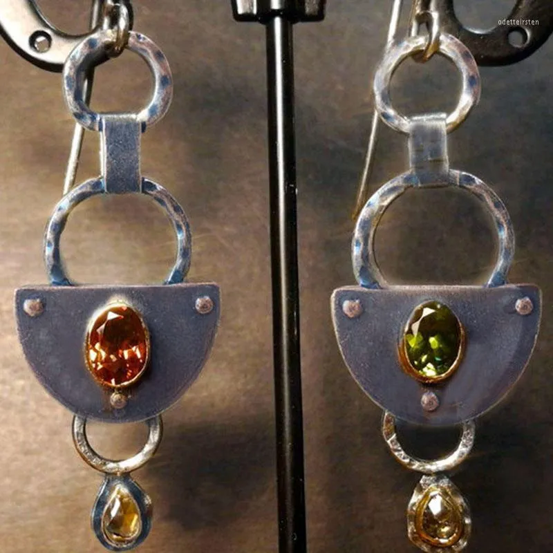Dangle & Chandelier Retro Semicircle Red Green Stone Earrings Tribal Bronze Metal Hollow Round Teardrop Crystal For WomenDangle Odet22