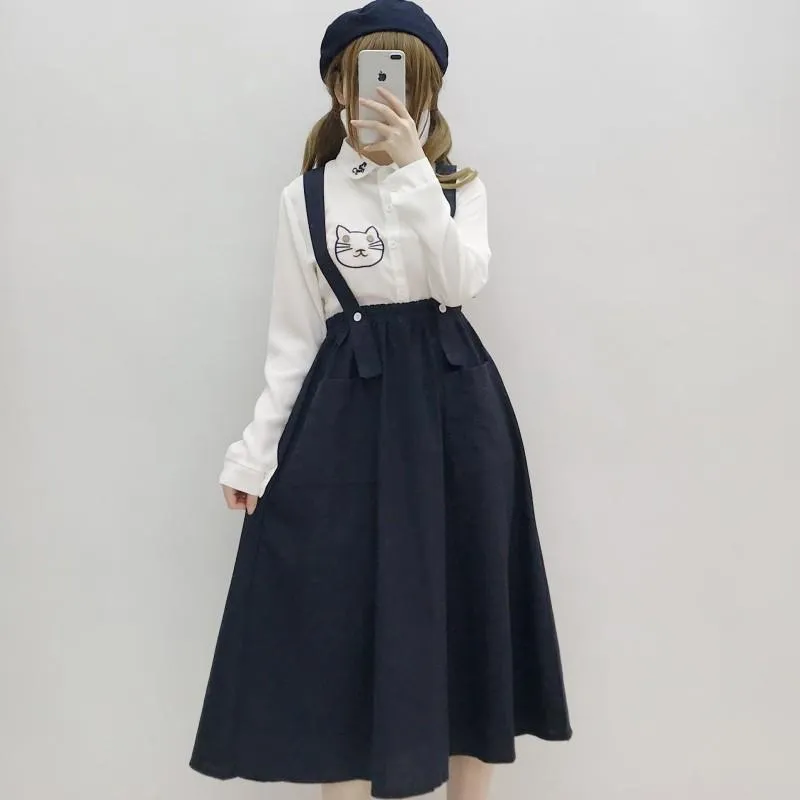 Casual Dresses Japan Preppy Style Women Navy Blue Sundress Suspenders Pockets Long Sleeveless Dress Mori Girl Elegant School Uniform Cute Dr