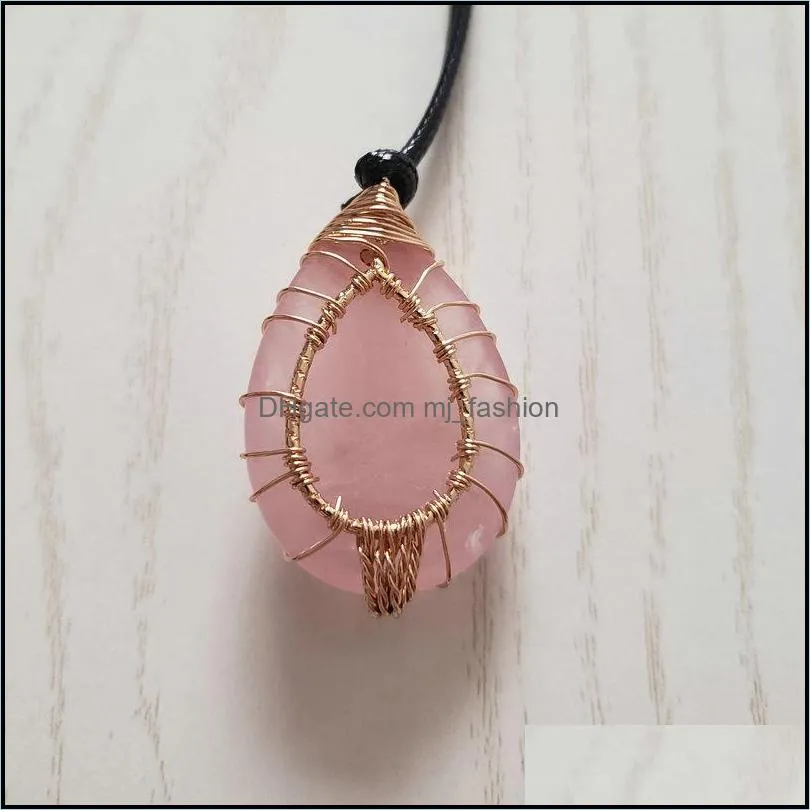 natural agate rose quartz crystal stone pendant wire wrap handmade tree of life drop gold silver color pendant necklac mjfashion