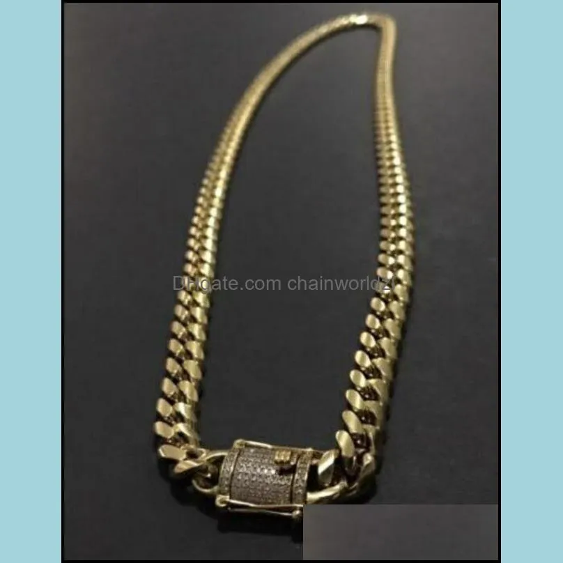 Mens 18K Gold Tone 316L Stainless Steel Cuban Link Chain Necklace Curb Cuban Link Chain with Diamonds Clasp Lock