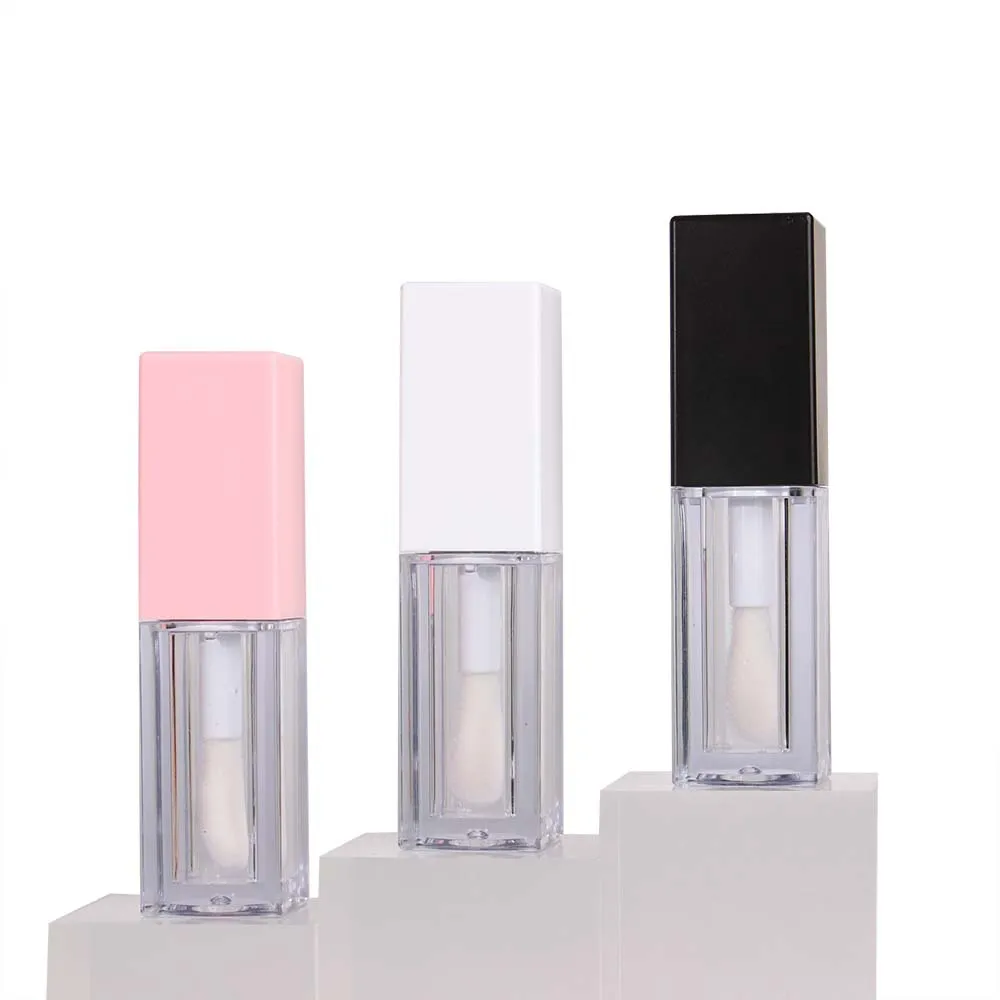 Tubo per rossetto quadrato trasparente da 5 ml Bottiglie per imballaggio cosmetico Contenitore per olio liquido per labbra con pennello grande Bianco e nero