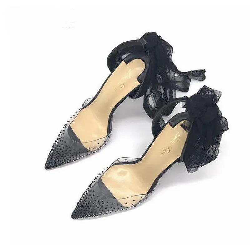 Designer-mulheres strass stiletto salto sapatos transparentes saltos altos sexy sandálias claras cristais de pvc perspex saltos negros sandália fêmea summe