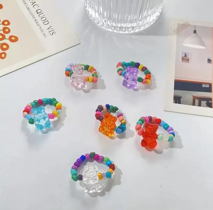 Schattige romantische beren ring innovatieve jelly kleurhars verstelbare elastische ringen sieraden voor vrouwen meisje valentijnsdag cadeau