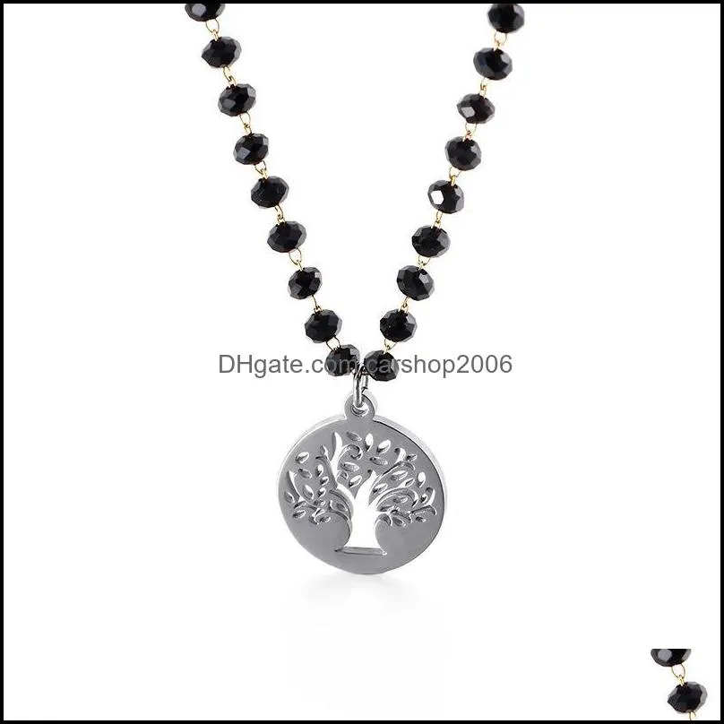 Fashion Simple Black Glass Round Bead Tree Of Life Titanium Steel Ladies Necklace Chains