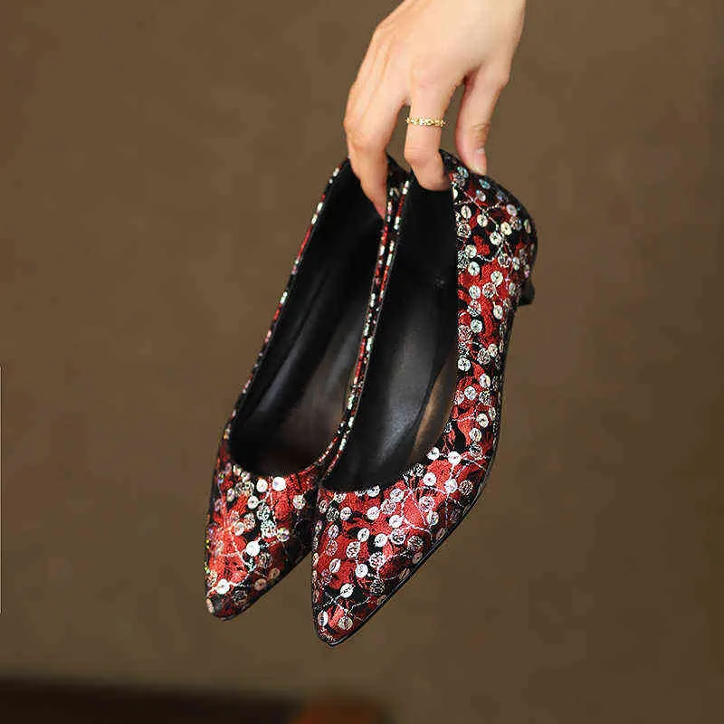 ドレスシューズ2022女性Sポンプ天然革ハイヒールシープスキンアッパーカラフルなプリント先の尖ったつま先の女性靴220425