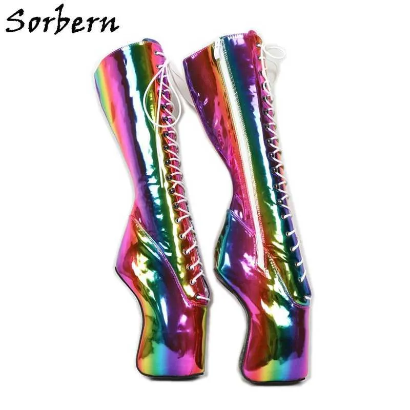 Sorbern Rainbow Holographic Ballett Stövlar Knä High Lace Up BDSM Ladies Boots Heelless Custom Designer Boots Plus Storlek 15